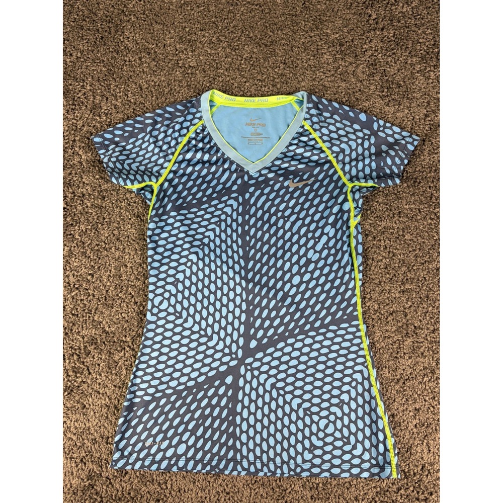 Nike Pro Dri-FIT Womens Blue Grey Dot Print V-Neck Athletic Training Shirt M